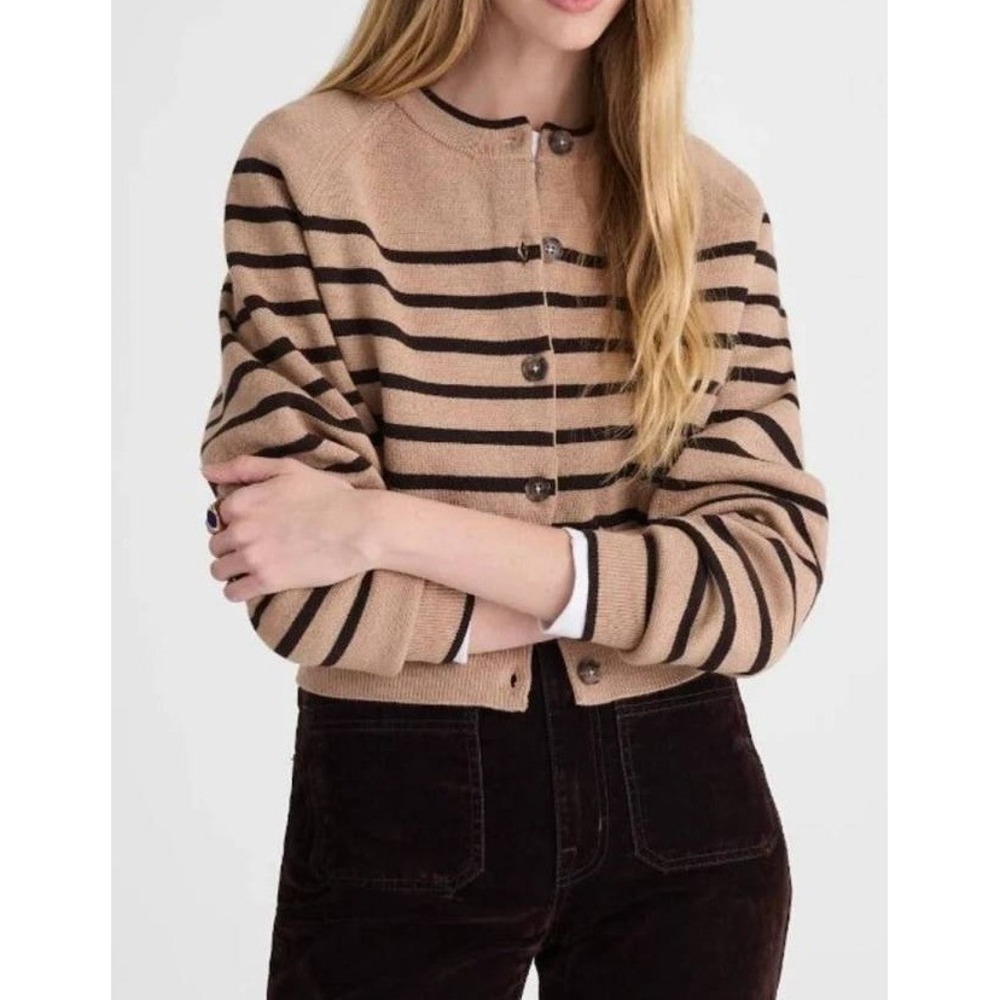 Madewell Raglan-Sleeve Cropped Cardigan Heather Camel Stripe Merino Wool Small